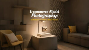 Cozy living space featuring a stylish handbag on a display stand, with warm lighting and elegant furnishings. Text highlights fashion photography's importance.