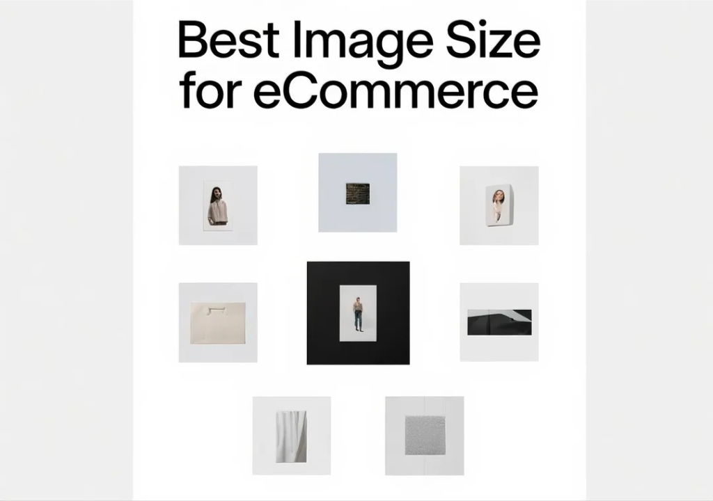 A grid displaying various photos with the title "Best Image Size for eCommerce," emphasizing ideal image formatting for online retail.