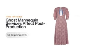 A patterned dress displayed on an invisible ghost mannequin services, highlighting its design with details about post-production services. Price: $799.