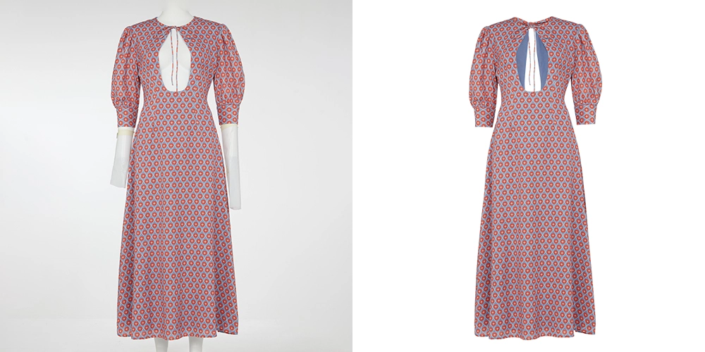 A full-length dress with puffed sleeves, featuring a cutout back and geometric print in red, blue, and white, displayed on a mannequin.