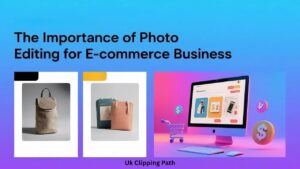 Graphic emphasizing the importance of photo editing for e-commerce, featuring bags and a computer with shopping icons.