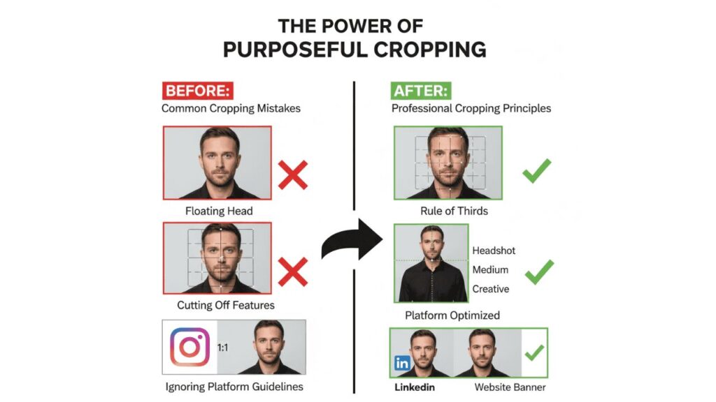"Image comparing common cropping mistakes with professional cropping principles. The left side shows 'Floating Head,' 'Cutting Off Features,' and 'Ignoring Platform Guidelines,' each marked with red Xs. The right side shows proper examples like 'Rule of Thirds,' 'Headshot Medium Creative,' and 'Platform Optimized' for LinkedIn and website banners, each marked with green check marks. The title reads 'The Power of Purposeful Cropping.'"