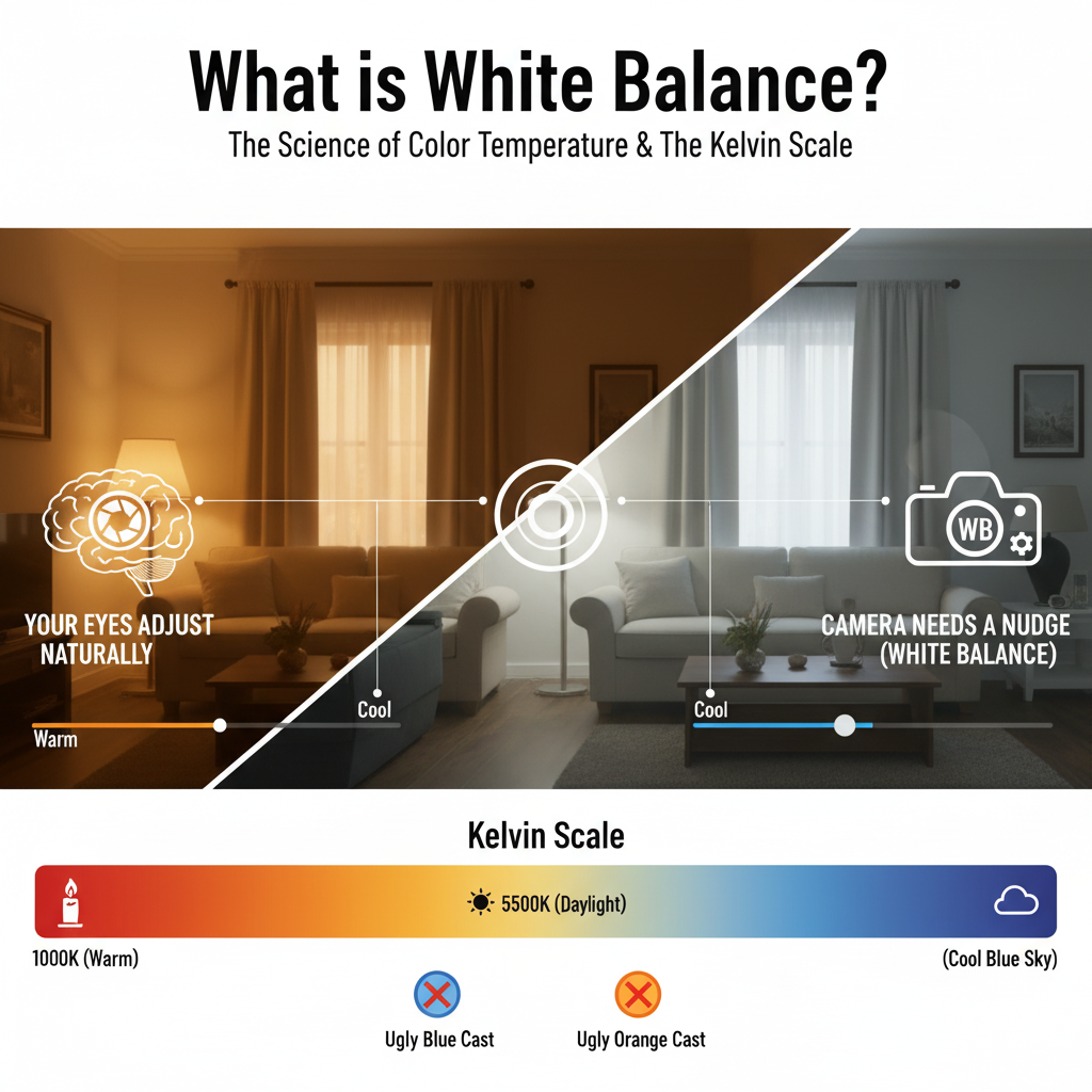 A split-image showing a room with warm lighting on the left and cool lighting on the right, illustrating white balance, with a Kelvin scale bar from warm (1000K) to cool (10,000K), and text explaining color temperature.
