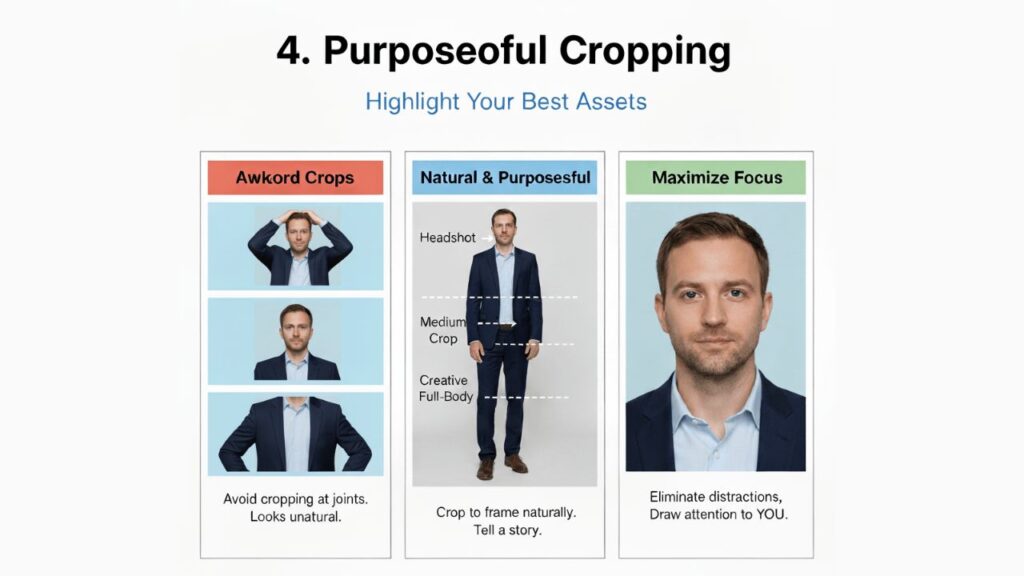 Visual guide illustrating three types of photo cropping: Awkward, Natural & Purposeful, and Maximized Focus, with tips for each.
