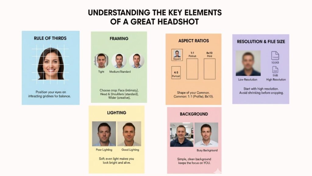 Infographic outlining key elements for a great headshot: rule of thirds, framing, aspect ratios, lighting, and background tips.