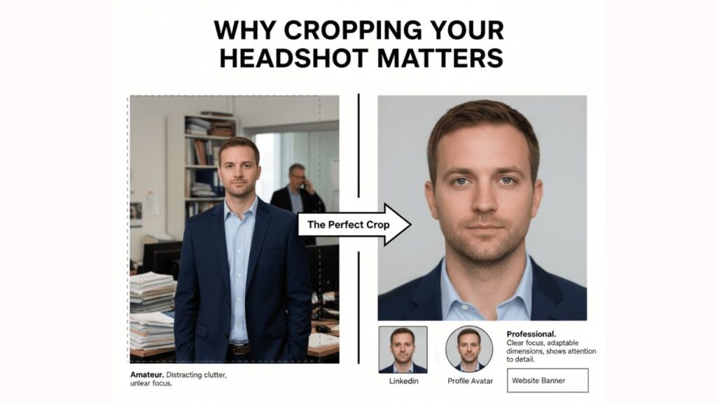A side-by-side comparison of two headshots: one cluttered and unprofessional, the other clear and suitable for online profiles.