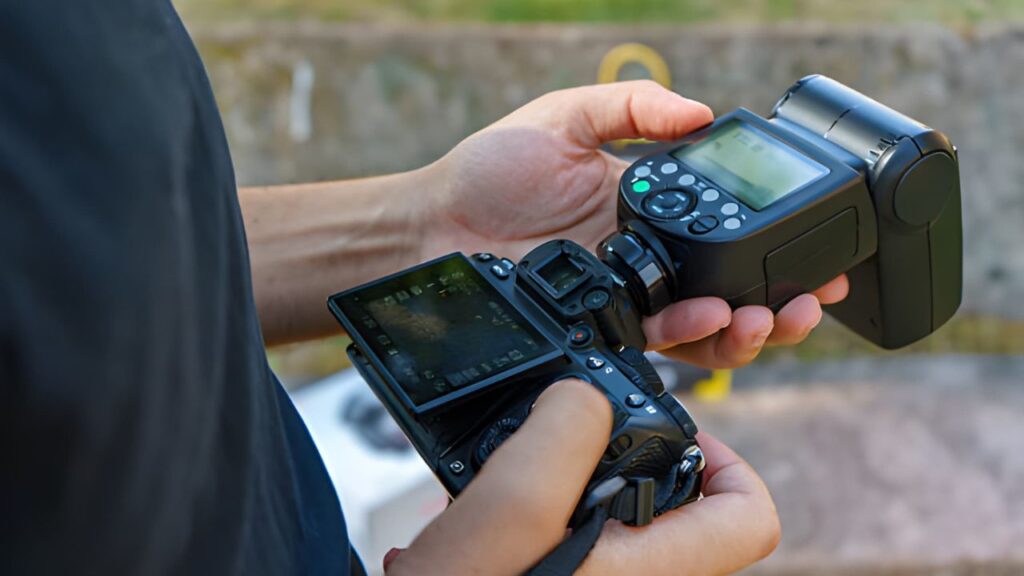 Hands holding a camera and a detachable flash outdoors. The setting is calm and the focus is on adjusting the camera flash light, conveying a sense of concentration.