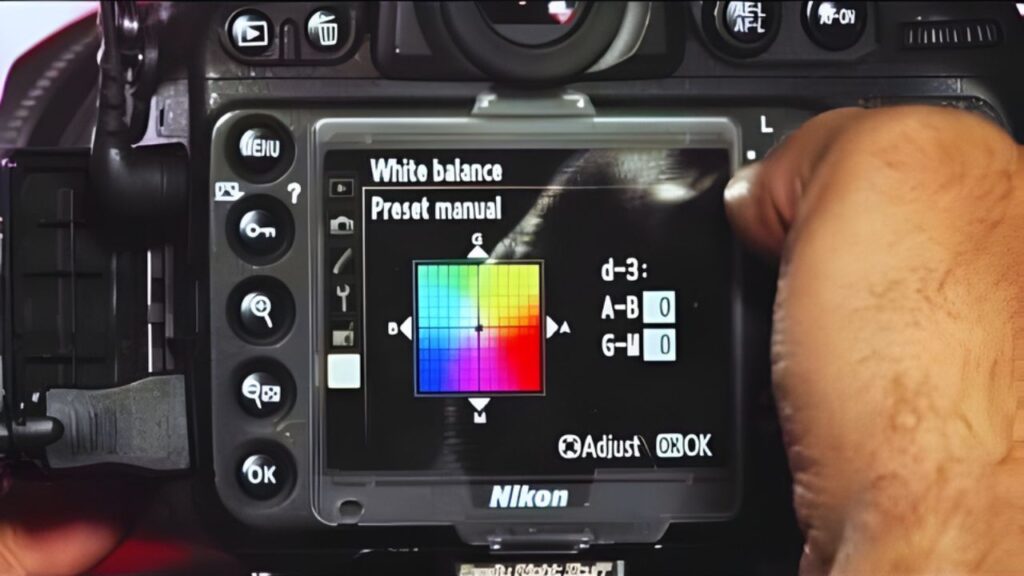 Close-up of a camera screen showing the white balance settings with a color grid. A hand adjusts the settings, indicating focus on customization.