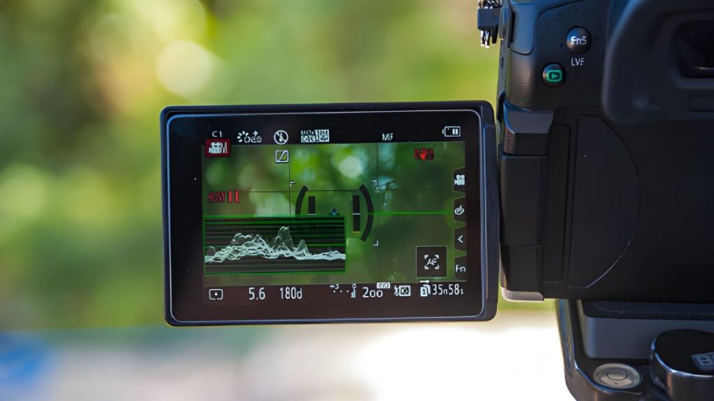 A digital camera's LCD screen displays a live view of greenery with camera settings overlay, including focus, ISO, aperture, and shutter speed.