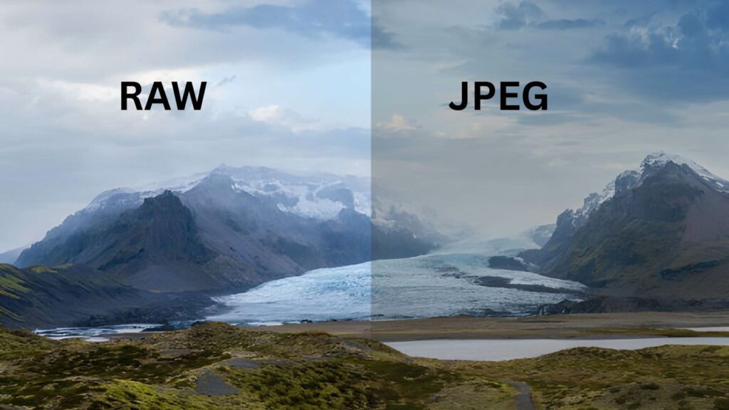 A side-by-side comparison of landscape images labeled "RAW" and "JPEG," highlighting differences in detail and color.