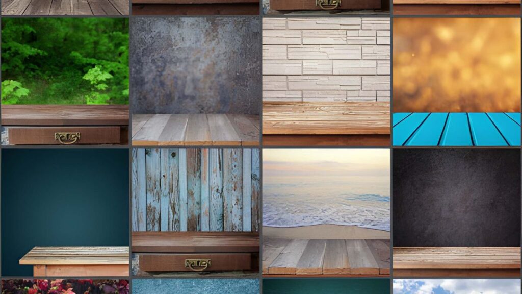 A collage of various textured backgrounds and surfaces, including wood, stone, foliage, and ocean, creating diverse and vibrant visual settings.