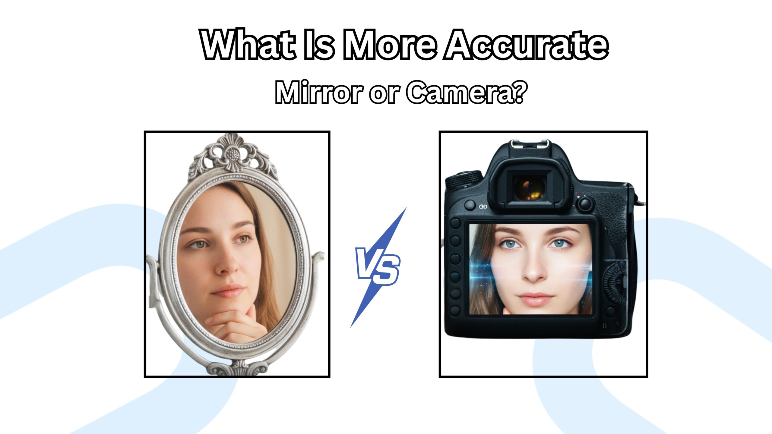A split image comparing a mirror and a camera, questioning which reflects reality more accurately. Text reads, “What Is More Accurate: Mirror or Camera?”
