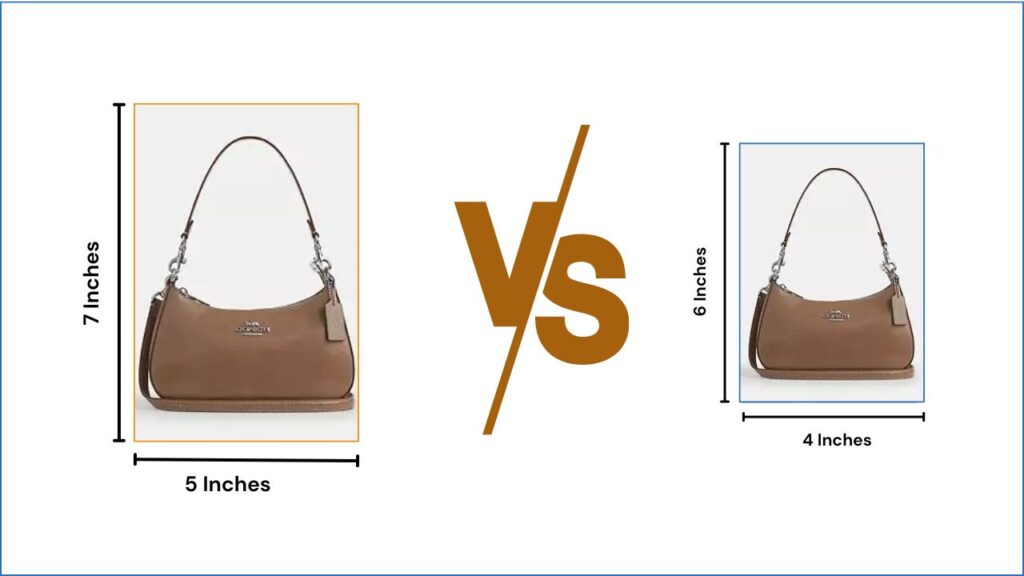 Image comparison of two brown handbags with dimensions: one measuring 7x5 inches and the other 6x4 inches, separated by a "vs" graphic.