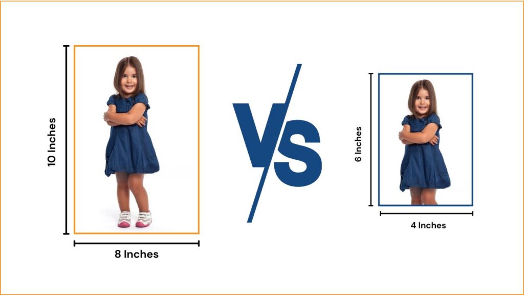 Side-by-side comparison of 8x10 and 4x6 photo sizes showing exact dimensions for photography and print use