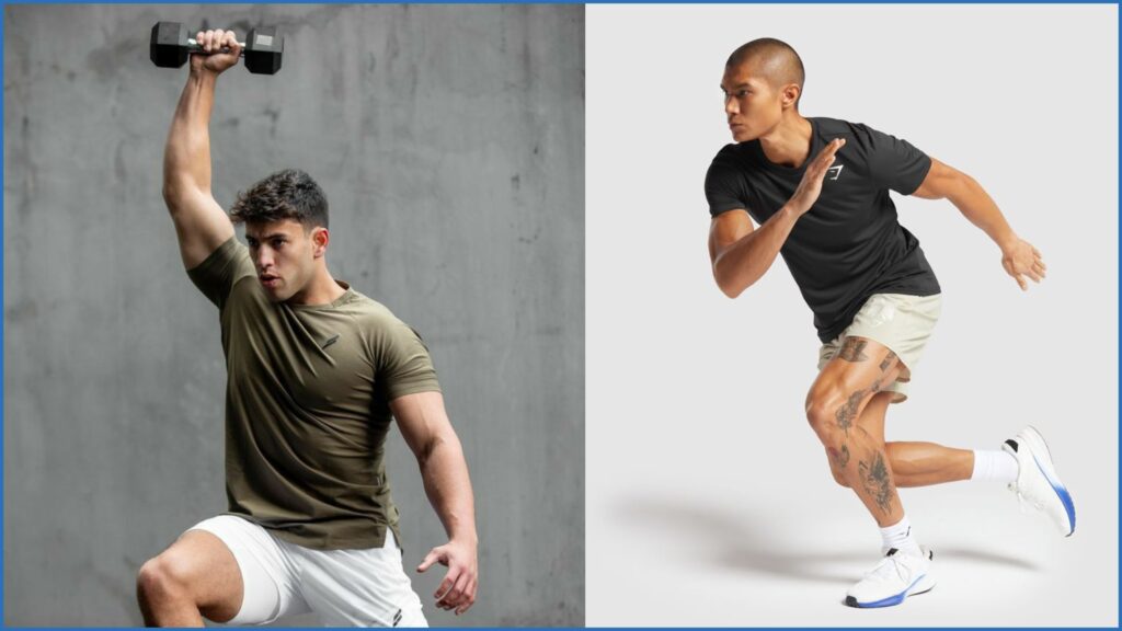 High-energy action shot featuring male models wearing athletic t-shirts and shorts, ideal for fitness apparel marketing, sportswear branding, and eCommerce product photography.
