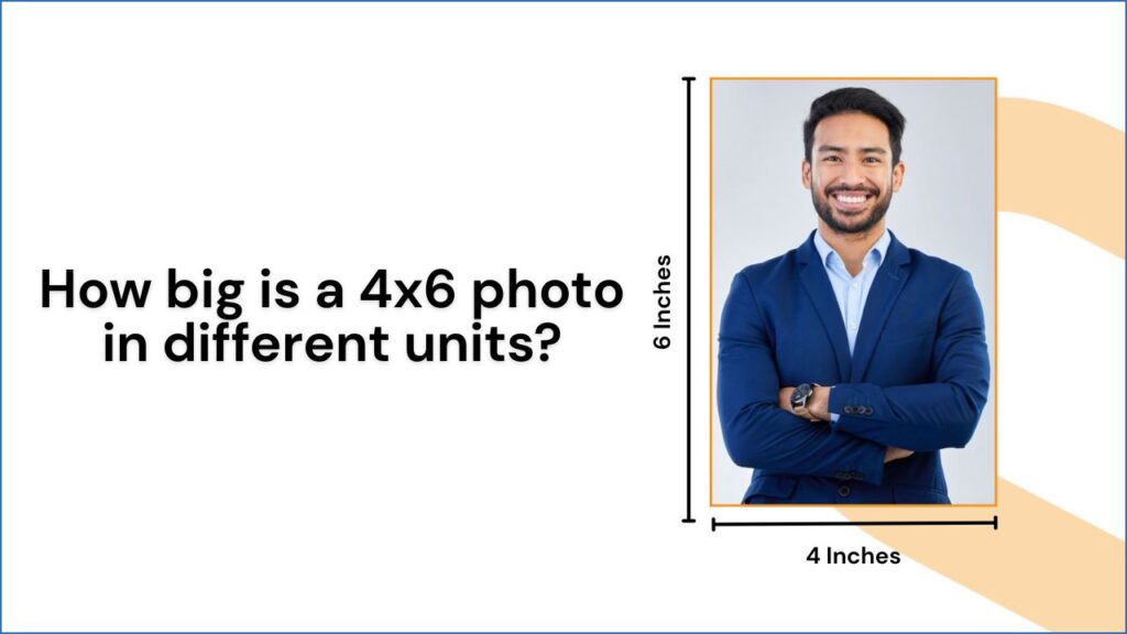 Image showing dimensions of a 4x6 photo, with dimensions labeled: 4 inches wide and 6 inches tall. The backdrop is minimalistic.