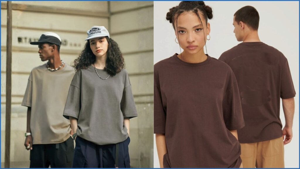 On-model fashion product photography featuring oversized t-shirts worn by male and female models