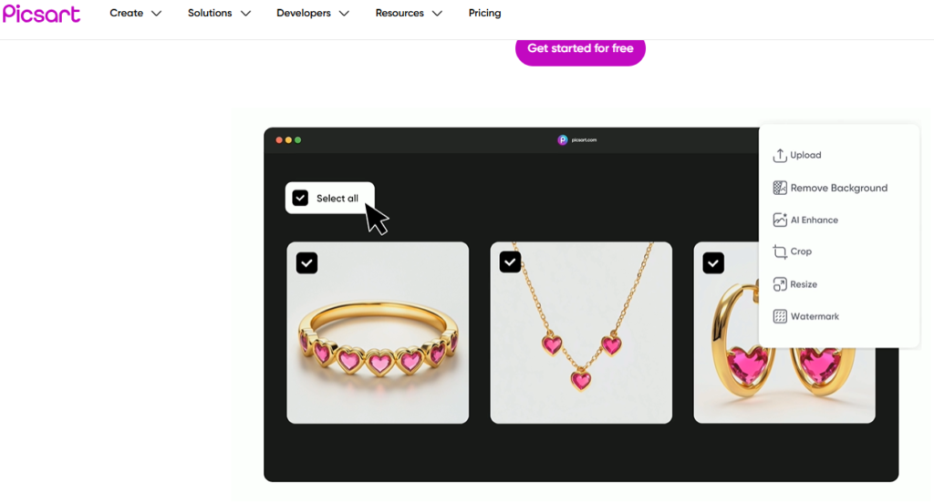 A screenshot features three images of gold jewelry with pink heart-shaped gems: a bracelet, a necklace, and earrings. A cursor selects all. Options include Upload, Remove Background, AI Enhance, Crop, Resize, and Watermark.
