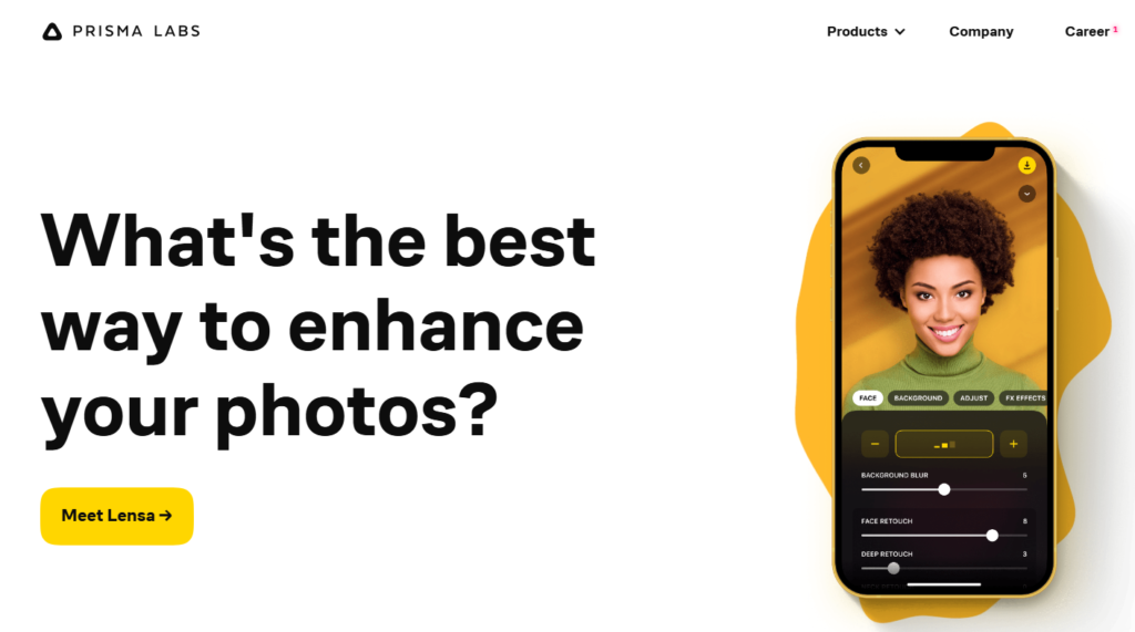 Prisma Labs webpage featuring a smartphone displaying a photo editing app. Text reads 'What's the best way to enhance your photos?' with a 'Meet Lensa' button. The app interface shows editing tools and a smiling person with short curly hair.