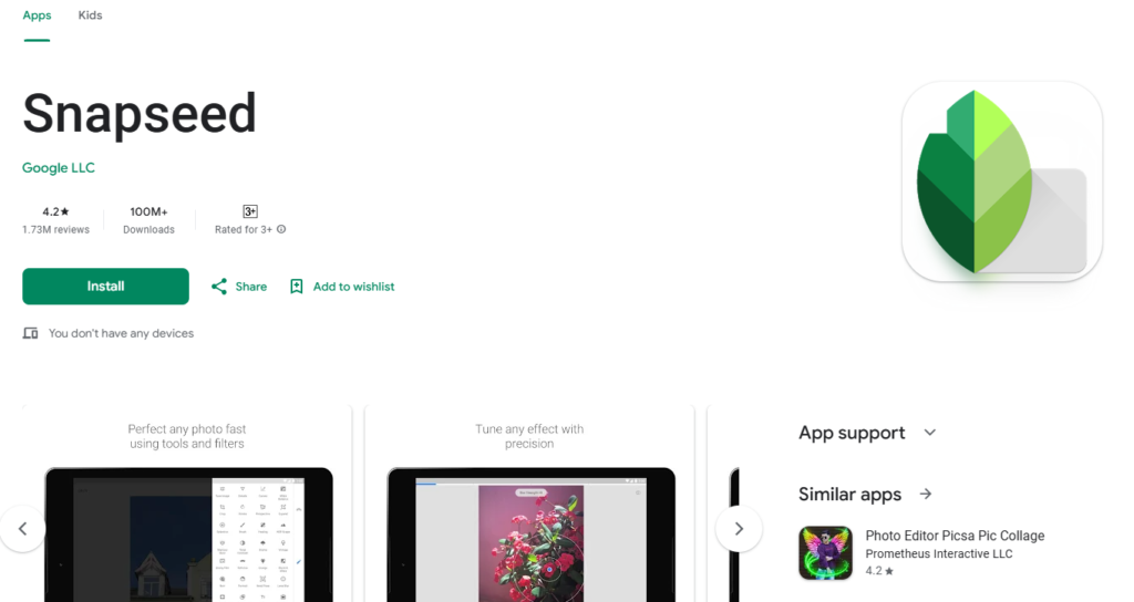 Screenshot of Snapseed app page on Google Play Store. Shows app icon, 'Install' button, 4.2-star rating, over 100M downloads, and related apps.