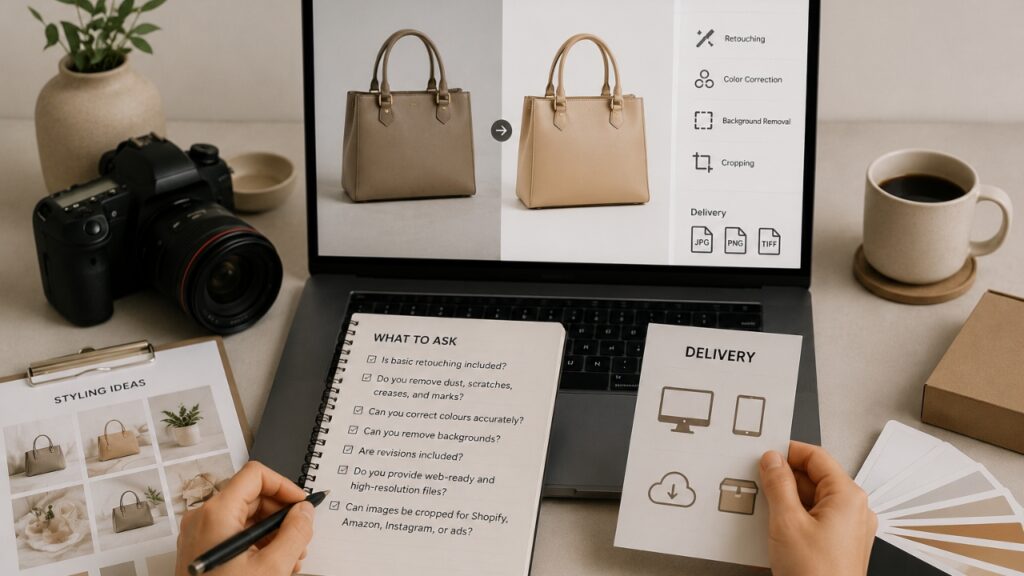 Workspace with a laptop showing photo editing tools, hands holding checklists about image retouching and delivery, camera, and coffee cup nearby.