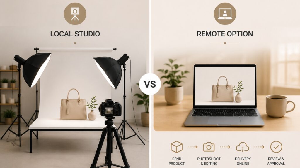 Split image comparing local studio photography with professional lights and camera versus remote option using laptop for product photoshoot and online delivery.