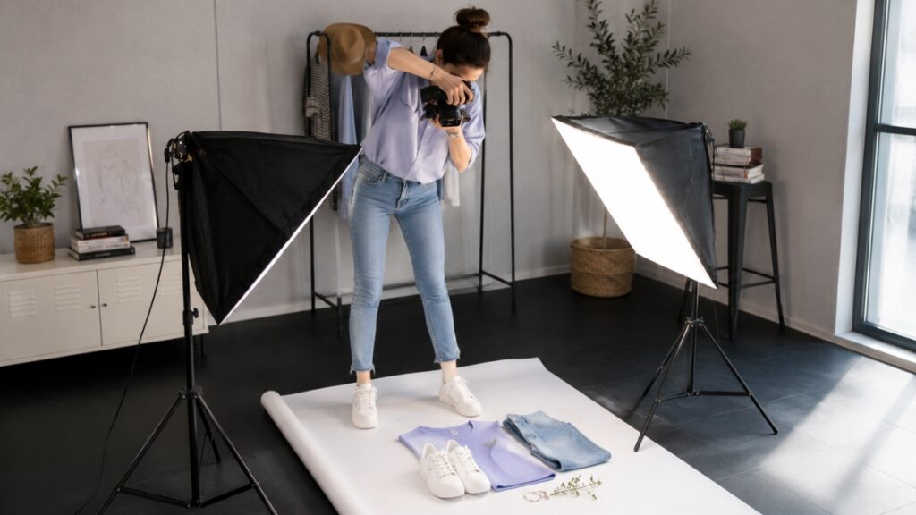 A photographer leans over to capture a photo of a clothing flat lay, with a top, jeans, and shoes, illuminated by studio lights in a modern room.
