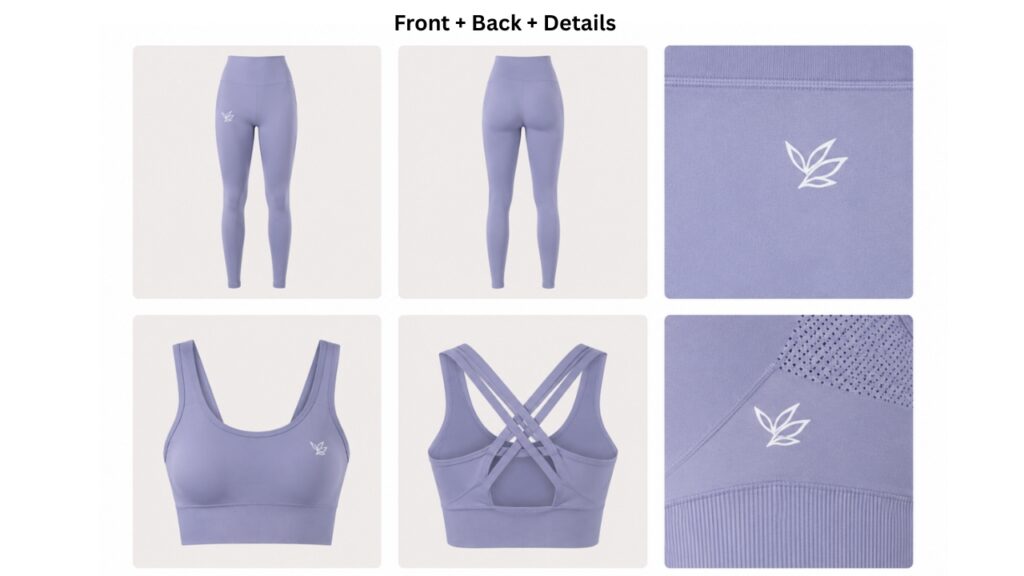 Front and back views of lilac leggings and a crisscross strap sports bra with close-up details of fabric and logo.