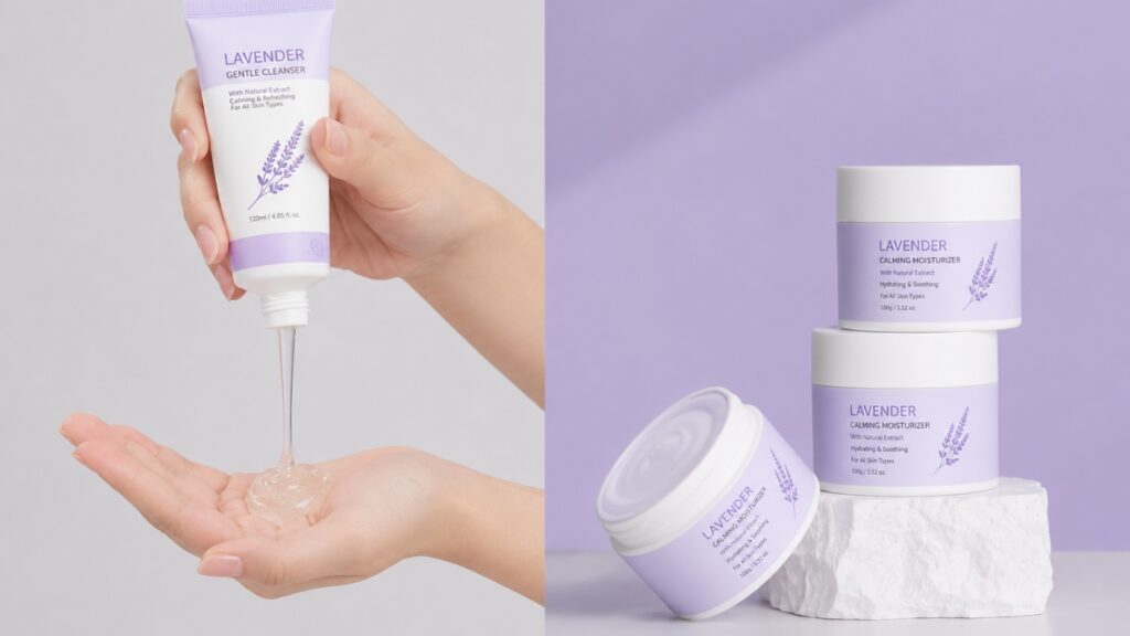 A hand dispenses lavender cleanser onto the palm, showcasing a smooth gel texture. Beside, three lavender-labeled moisturizer jars are stacked on a white stone.