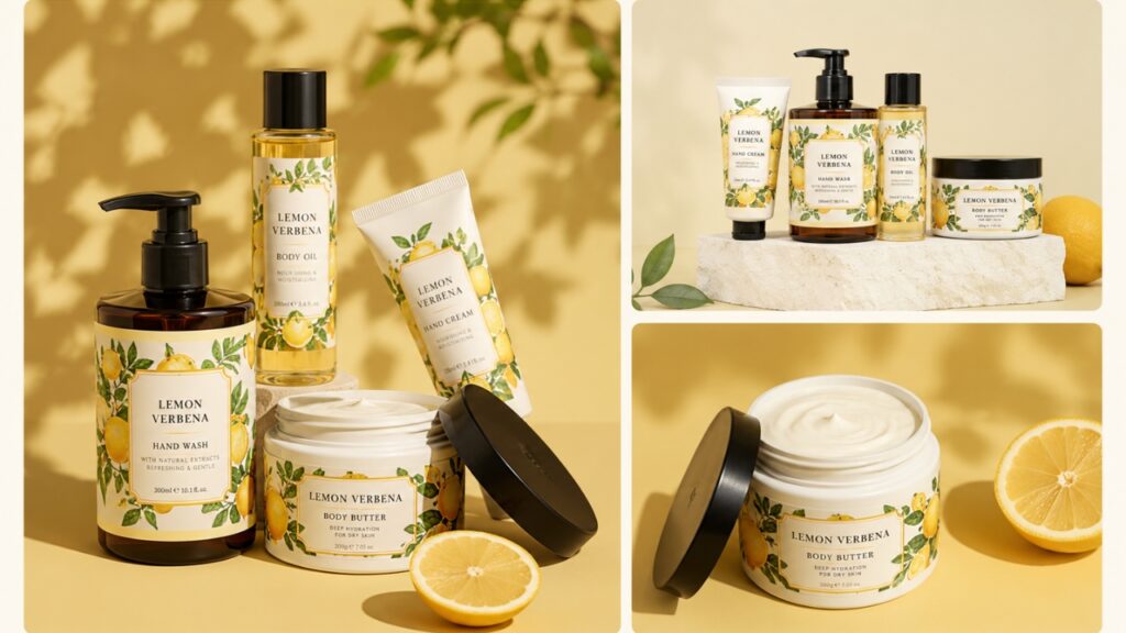 Lemon Verbena skincare products including body oil, hand wash, body butter, and lotion arranged with lemons and leaves on a neutral background.