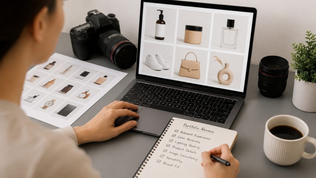 Person reviewing a photography portfolio on a laptop and notebook, surrounded by a camera, lens, plant, and coffee cup.