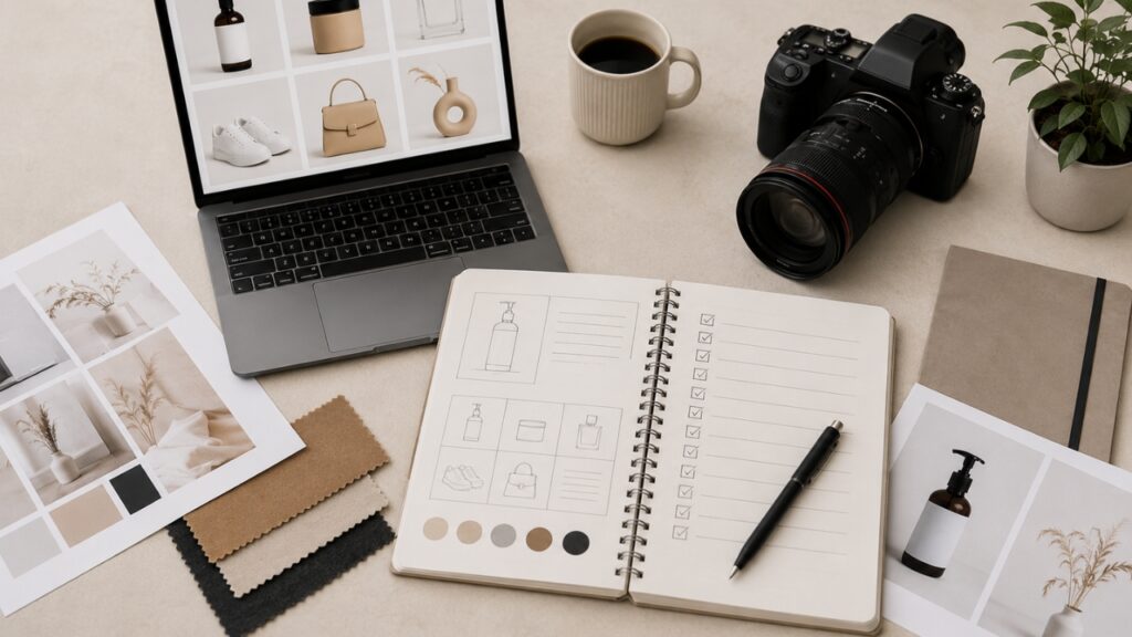 Workspace with open laptop showing product images, sketchbook with drawings and checklist, camera, coffee cup, fabric samples, and plant.