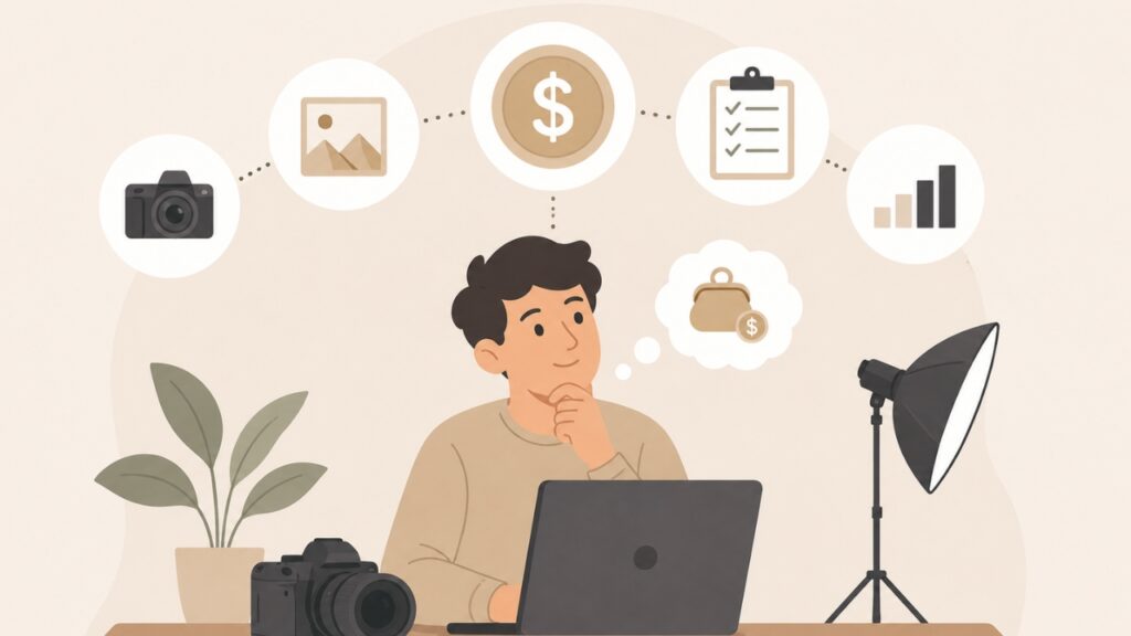 Illustration of a person at a laptop surrounded by photography gear and business-related icons like money, checklist, and charts.