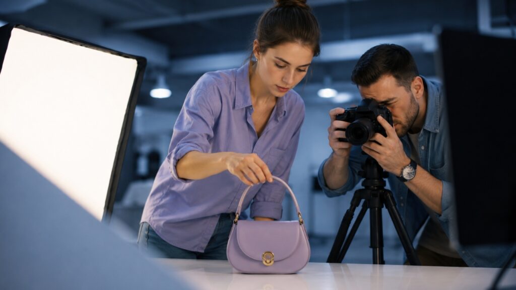 A woman arranges a purple handbag on a table while a man photographs it with a camera on a tripod in a well-lit studio.