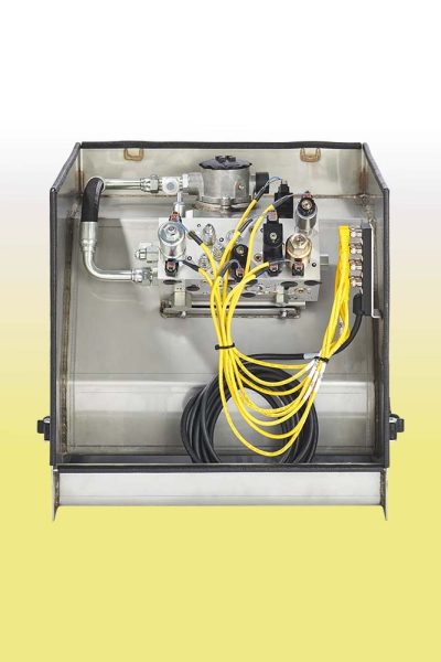 Metal box with wires, including a prominent yellow wire